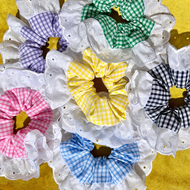 Large Navy Gingham Scrunchie With Scalloped Lace/ribbon Trim | Navy ...