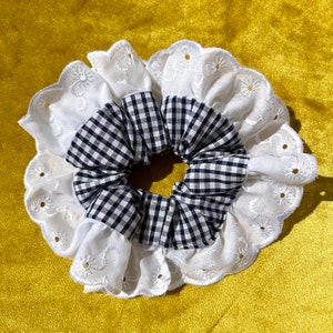 Large Navy Gingham Scrunchie with Scalloped Lace/Ribbon Trim | Navy Blue & White | Handmade | School Check | That Scrunchie Brand