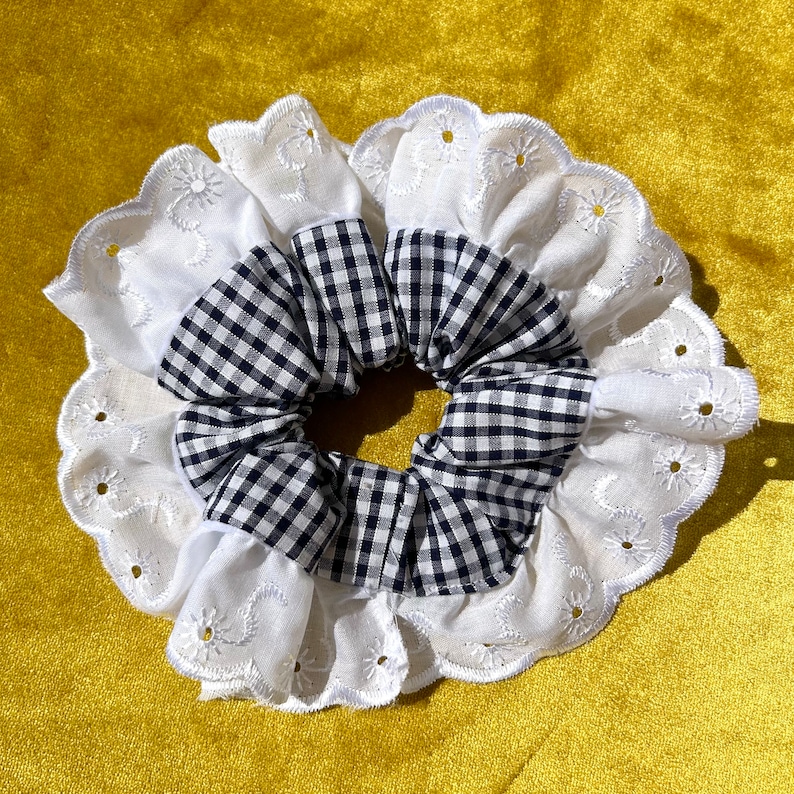 Large Navy Gingham Scrunchie with Scalloped Lace/Ribbon Trim Navy Blue & White Handmade School Check That Scrunchie Brand image 1