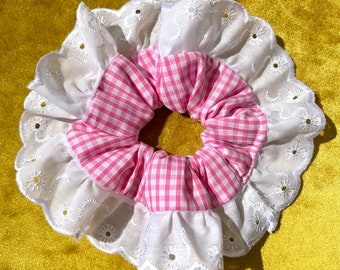 Large Pink Gingham Scrunchie with Scalloped Lace/Ribbon Trim | Pink & White | Handmade | School Check | That Scrunchie Brand