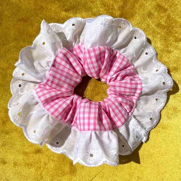 Large Pink Gingham Scrunchie with Scalloped Lace/Ribbon Trim | Pink & White | Handmade | School Check | That Scrunchie Brand