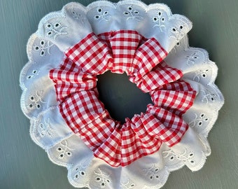 Red Gingham Scrunchie with Scalloped Lace/Ribbon Trim | Primary Red & White | Handmade | School Check | That Scrunchie Brand