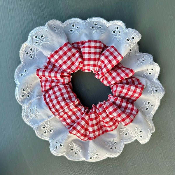 Red Gingham Scrunchie with Scalloped Lace/Ribbon Trim | Primary Red & White | Handmade | School Check | That Scrunchie Brand