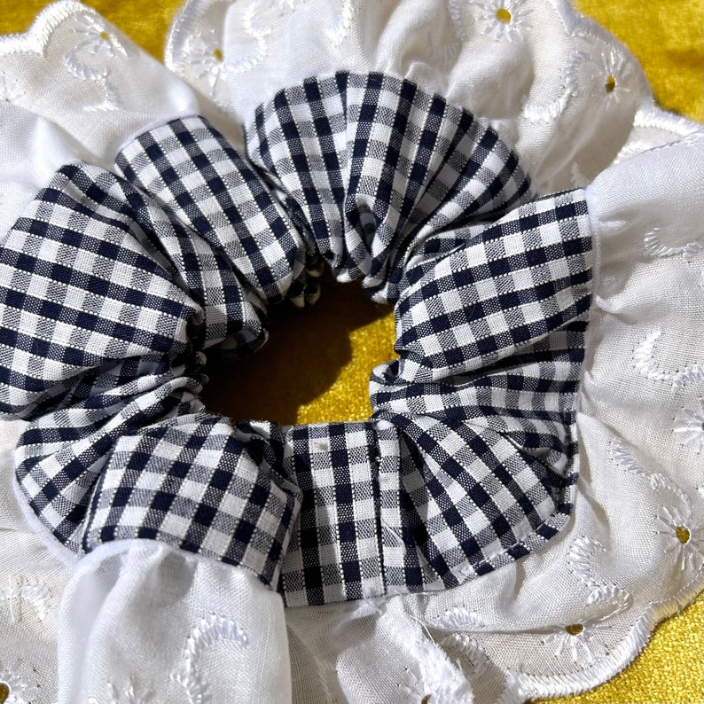 Large Navy Gingham Scrunchie with Scalloped Lace/Ribbon Trim Navy Blue & White Handmade School Check That Scrunchie Brand image 2