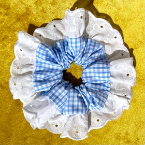 Large Light Blue Gingham Scrunchie with Scalloped Lace/Ribbon Trim | Blue & White | Handmade | School Check | That Scrunchie Brand