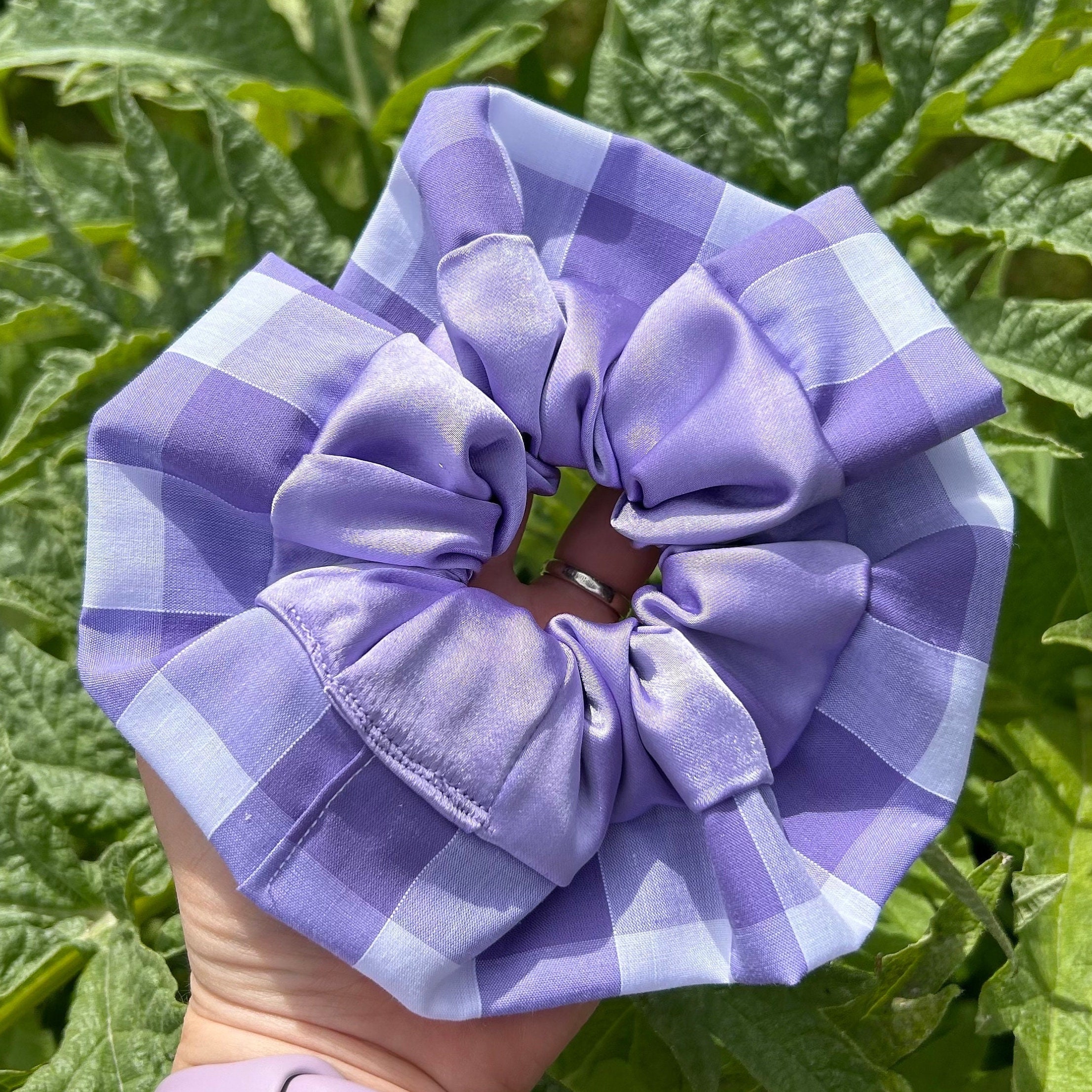 Lilac Satin Scrunchie With Wide Gingham Trim | Faux Silk