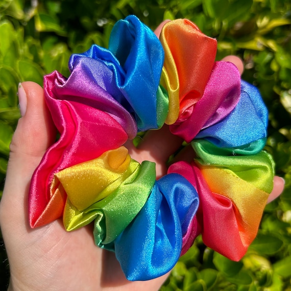 Rainbow Silk Scrunchie Faux Silk Pride Month Colourful Soft That Scrunchie Brand