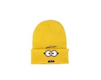 Minions Beanie: Yellow Knit Hat with Flocked Design