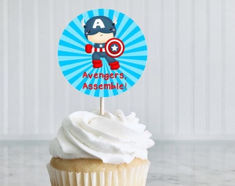 Adornos para cupcakes de Capitán América de los Vengadores: Decoración para fiesta de cumpleaños (descarga digital)