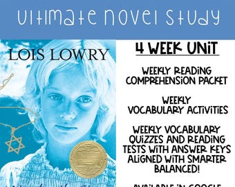 Puede incluir: Portada del libro "Number the Stars" de Lois Lowry, con un retrato de una joven en tonos azules. El texto describe una unidad de estudio de la novela de 4 semanas con comprensión lectora, actividades de vocabulario y cuestionarios.