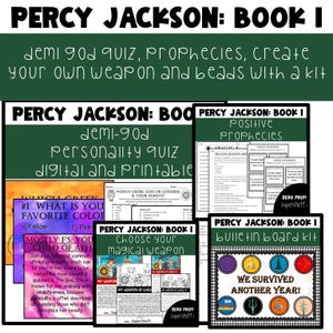 May include: A collection of printable Percy Jackson-themed educational materials. Includes a demi-god personality quiz, positive prophecies, a bulletin board kit, and a guide to choosing a magical weapon. The text includes "Percy Jackson: Book I" and "Super Sheffi".