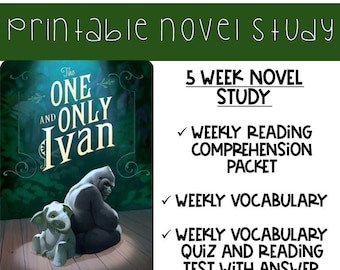 Può includere: Uno studio di romanzo stampabile per "The One and Only Ivan" di Katherine Applegate. La copertina presenta un gorilla e un elefante. Include uno studio del romanzo di 5 settimane con comprensione della lettura, vocabolario e quiz.