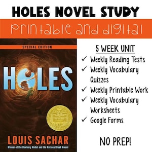 Holes デジタルおよび印刷可能な小説研究/文学ガイド/理解ワークシート/アクティビティとテスト/ELA 読解/本の学習