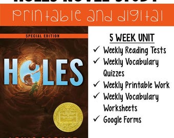 Holes Digital and Printable Novel Study/Literature Guide/Comprehension Worksheets/Activities and Tests/ELA