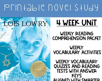 Puede incluir: Portada del libro "Number the Stars" de Lois Lowry, con un retrato de una joven en tonos azules. El texto incluye "Estudio de novela imprimible" y detalles sobre una unidad de 4 semanas con comprensión lectora, actividades de vocabulario y pruebas.