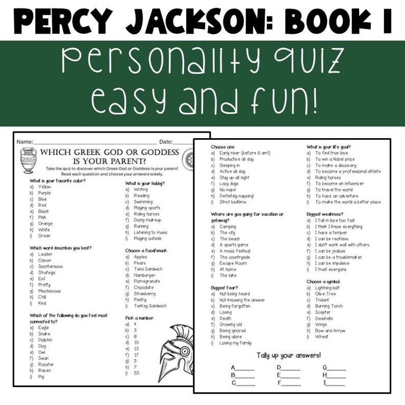 May include: A black and white quiz sheet titled "Percy Jackson: Book I Personality Quiz." The quiz includes questions about favorite colors, hobbies, and Greek mythology, with answer choices and a tally section.