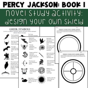 Puede incluir: Una hoja de trabajo educativa en blanco y negro para un estudio de la novela de Percy Jackson. La hoja de trabajo incluye símbolos griegos con sus significados y una plantilla para diseñar un escudo griego. El texto incluye "Diseña tu propio escudo griego".