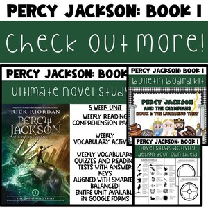 May include: A collection of educational materials for Percy Jackson: Book 1, including a novel study, bulletin board kit, and activity sheets. The book cover features a boy with a sword and a sea creature. Text includes "Check Out More!" and "The Lightning Thief."