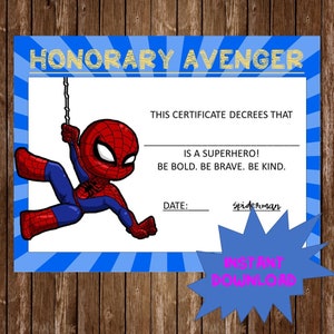 Avengers Zertifikat, Superhelden Zertifikat, Avengers Geburtstagsparty, Spiderman Zertifikat, Spiderman Party, Spiderman Dekor
