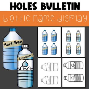 Könnte beinhalten: Ein ausdruckbares Arbeitsblatt für Kinder, um ihre Feinmotorik zu üben und verschiedene Flaschennamen kennenzulernen. Das Arbeitsblatt zeigt eine bunte Illustration von Wasserflaschen mit Namen wie "Barf Bag" und "Caveman".