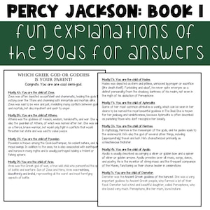 May include: A page from "Percy Jackson: Book I" with text explaining Greek gods and goddesses. The text includes a quiz, "Which Greek God or Goddess is Your Parent?" and descriptions of Zeus, Athena, Poseidon, and others.