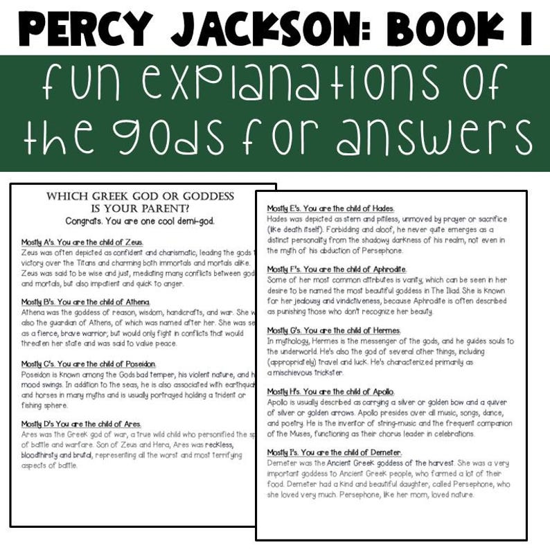 May include: A page from "Percy Jackson: Book I" with text explaining Greek gods and goddesses. The text includes a quiz, "Which Greek God or Goddess is Your Parent?" and descriptions of Zeus, Athena, Poseidon, and others.