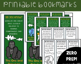 Può includere: Segnalibri stampabili con fatti sugli animali, tra cui gorilla ed elefanti. I segnalibri hanno uno sfondo verde con illustrazioni e il testo "The One and Only Ivan". I segnalibri sono etichettati "Did You Know?"