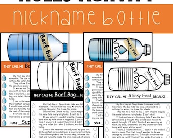 Peut inclure: Deux feuilles d'activités imprimables pour enfants représentant une bouteille d'eau de dessin animé avec des trous. La première feuille est intitulée "Ils m'appellent Barf Bag" et la deuxième feuille est intitulée "Ils m'appellent Stinky Feet". Les deux feuilles comprennent une histoire sur l'expérience d'un enfant au camp et comment il a obtenu son surnom.