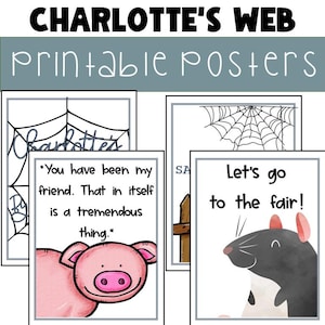 May include: Printable posters featuring illustrations and quotes from "Charlotte's Web." The posters include a pig, a spider web, and a rat. Text includes "You have been my friend. That in itself is a tremendous thing." and "Let's go to the fair!"