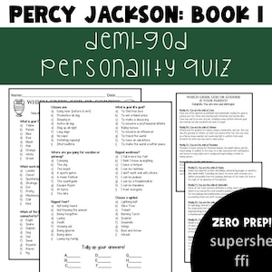 May include: A Percy Jackson themed personality quiz with the title "demi-god personality quiz" at the top. The quiz includes multiple-choice questions, answer keys, and a section to tally answers. The background is white with black text.
