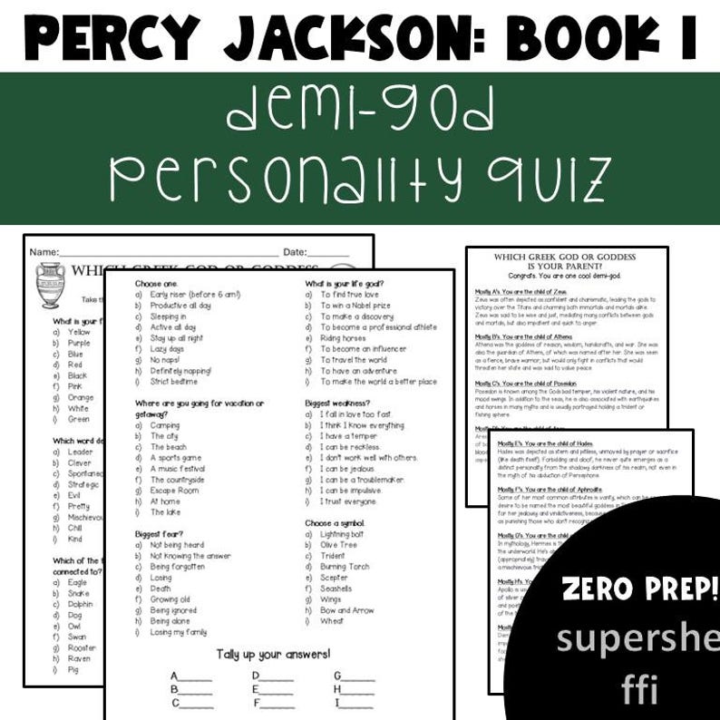 May include: A Percy Jackson themed personality quiz with the title "demi-god personality quiz" at the top. The quiz includes multiple-choice questions, answer keys, and a section to tally answers. The background is white with black text.