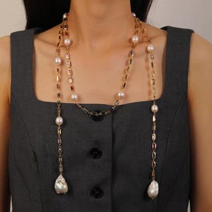 Handmade Natural Pearl and Zircon Extra Long Necklace, Women's  Sweater Chain, 18K Gold-Plated Copper