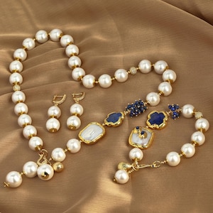 Fashion Pearl jewelry Set,vintage freshwater pearl  jewellery necklace,Lapis and Round Shell Pearl Necklaces,Gift for her