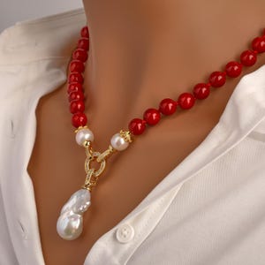 Freshwater White Pearl Red Coral Necklace, Hand Adjustable Knotted Pearl Necklaces,Chunky Pearls Copper Zircon Clasp,Necklace Gift For Her