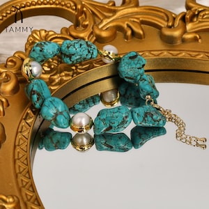 Raw Turquoise and Freshwater Pearl Bracelet,Irregular Shape Stone Bracelet,Lobster Clasp Copper Wrapped Pearls Durable Finish with Color