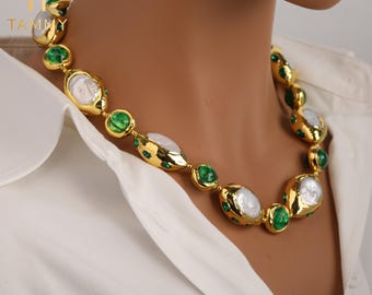 AAA Natural White Coin Pearl Crystal Green Freshwater Cultured White Keshi Pearl Beads Green Murano Glass Necklace For Lady Gifts
