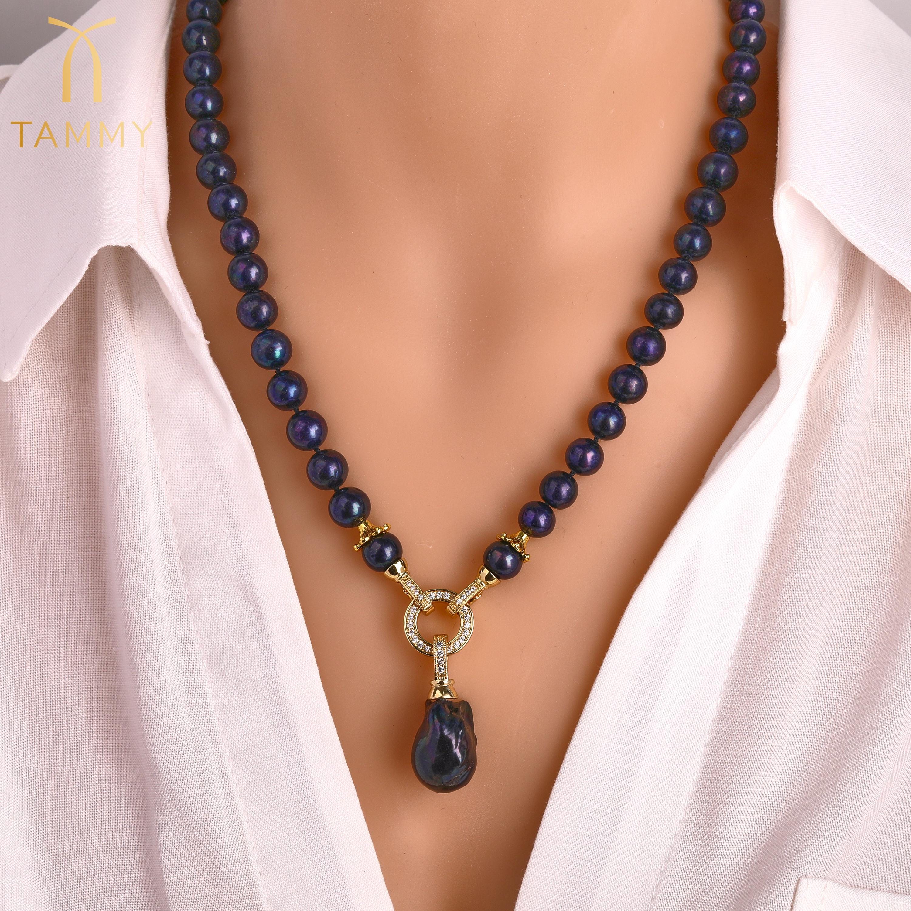 Black Round Freshwater Pearl Necklace, Hand Adjustable Knotted Pearl Necklaces,Chunky Pearls Copper Zircon Clasp,Necklaces Gift For Her