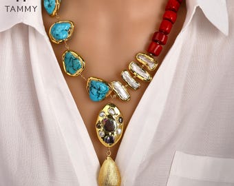 Unique Red Coral Turquoise Baroque Pearl Necklace,Metallic Copper Wrapped Black Pearl Fitting,Water Drop Accessorie,Zirconia Clasp Necklaces