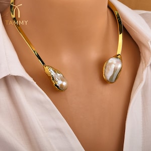 Exaggerated Irregular Baroque Pearls Choker Necklaces,Cuff Choker Collar Necklace,18k Gold Plated,Unique Birthday Gift for Her