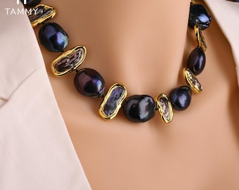 Genuine Peacock Black Baroque Pearls Necklace,Black Biwa Pearl Necklaces,Spring Clasp Necklace,18 Gold Electroplated,Family Love Gift