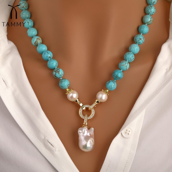 Süßwasserperle Türkis Halskette, Hand verstellbar geknotete Perlenketten, klobige Perlen Kupfer Zirkon Verschluss, Halskette Geschenk für sie