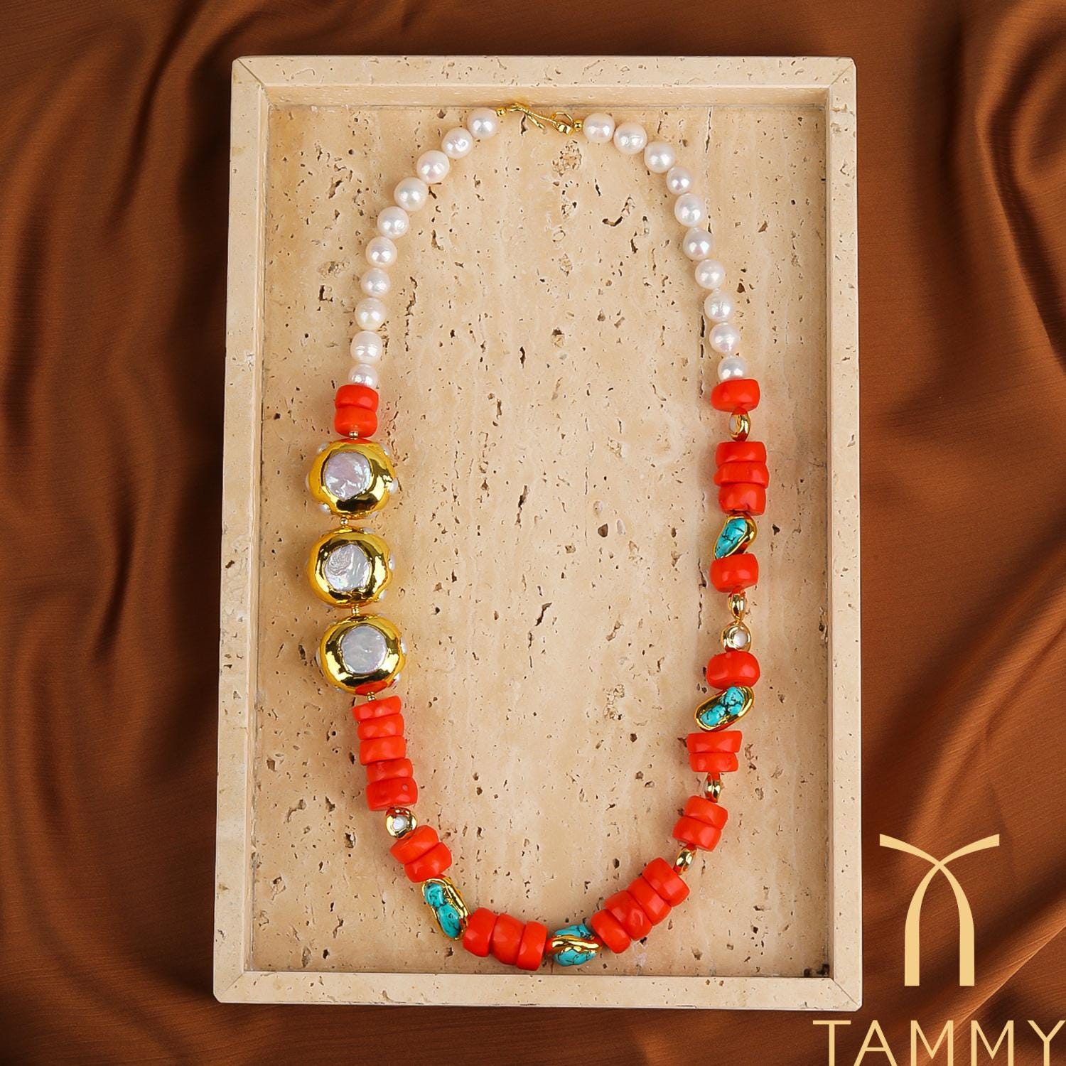 Vintage Coral Pearl Necklace, Turquoise Accent - Etsy Israel display picture 2