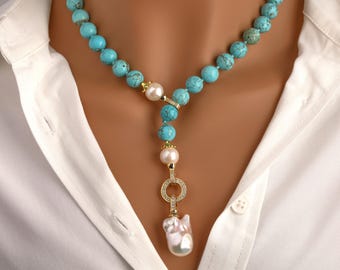 Freshwater Pearl Turquoise Necklace, Hand Adjustable Knotted Pearl Necklaces,Chunky Pearls Copper Zircon Clasp,Necklace Gift For Her
