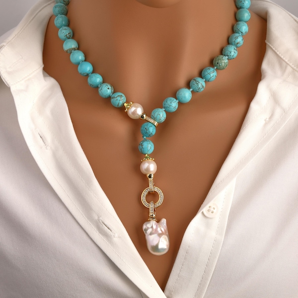 Süßwasserperle Türkis Halskette, Hand verstellbar geknotete Perlenketten, klobige Perlen Kupfer Zirkon Verschluss, Halskette Geschenk für sie