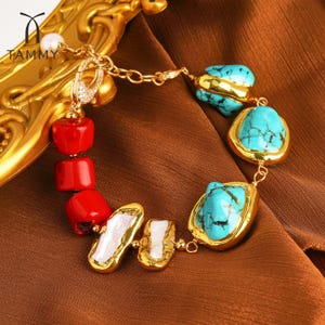 Natural Red Coral Turquoise Baroque Pearl Gold Filled Bracelet,Genuine Natural Blue Turquoise, Dainty Breaded Bracelets,Gift for Her