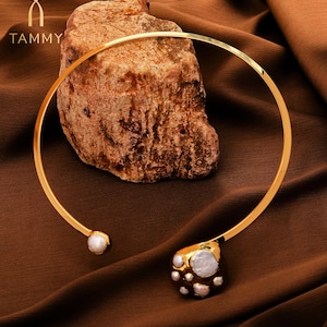Handmade Fashion Gold Open Choker Necklace,Baroque Pearls Cuff Choker Collar Necklaces,18k Gold Plated,Family Love Gift