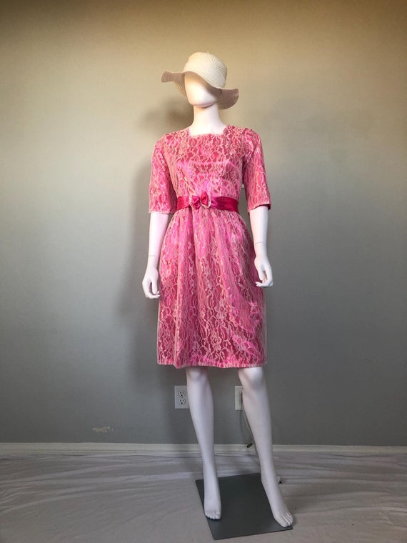 Modest handmade dress, Elegant pink satin and lace combo dress