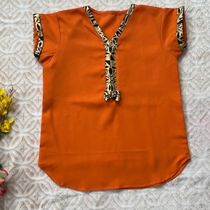 Polynesian style, unique design, women top, orange color, loose fit, handmade