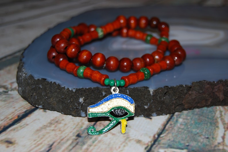 Egyptian Eye Of Horus Pendent Wood Necklace With Magnesite And Red Wood Beads