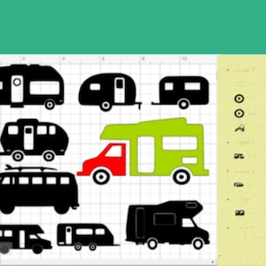 May include: A collection of black and white camper van and trailer silhouettes, including a green and red camper van with a pop-up roof.